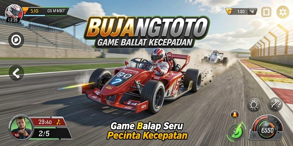 Screenshot utama BUJANGTOTO dengan aksi balap yang mendebarkan.