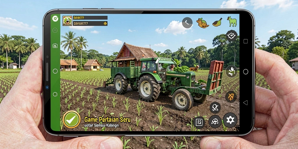 Screenshot gameplay DAYAK777 menampilkan suasana pertanian yang realistis dan interaktif.