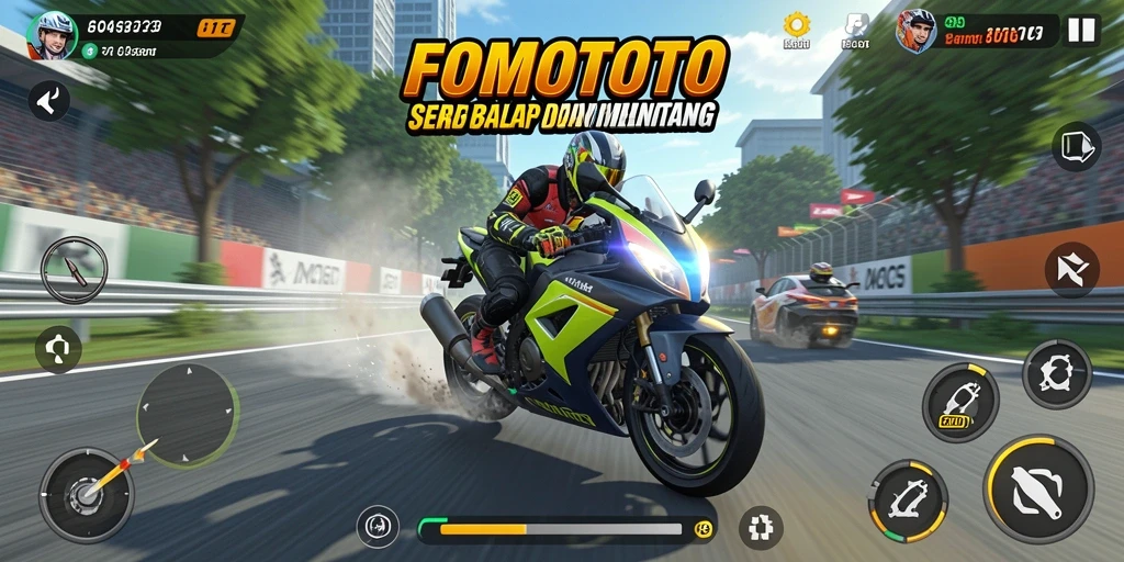 Screenshot FOMOTOTO dengan tampilan balapan motor yang seru.