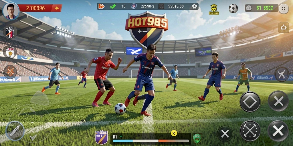 Tangkapan layar HOT985 menunjukkan aksi seru di lapangan sepak bola.