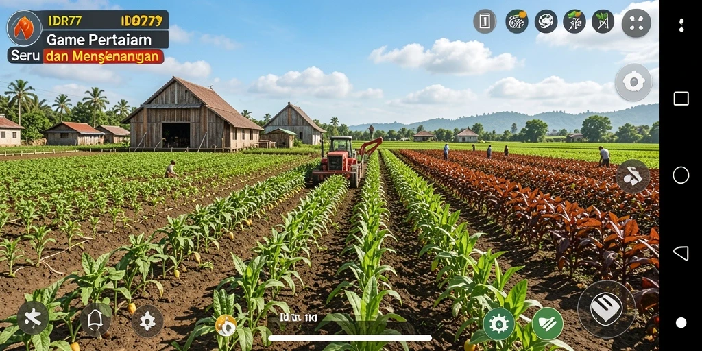 Tampilan gameplay IDR77 menampilkan ladang yang subur dan tanaman yang sedang tumbuh.
