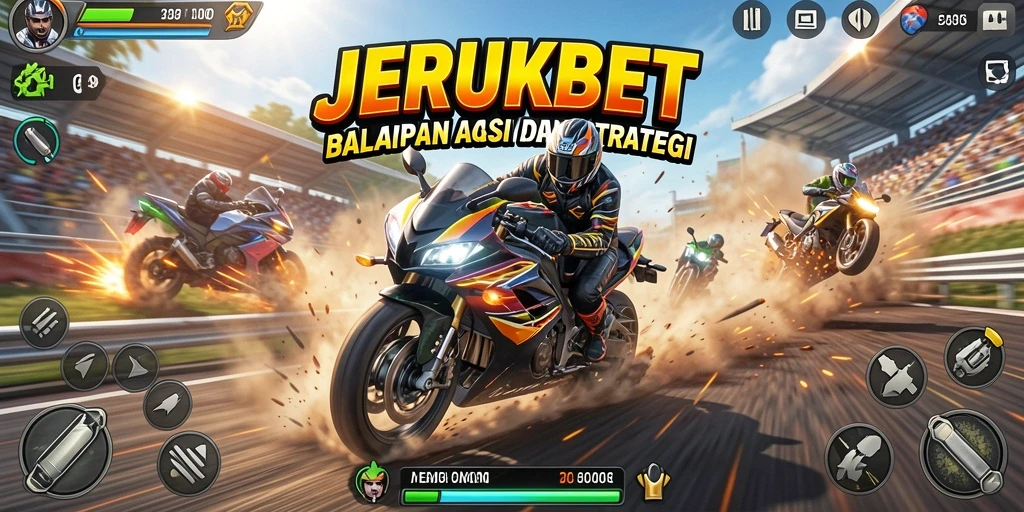 Screenshot gameplay JERUKBET menampilkan balapan motor yang seru dan mendebarkan.
