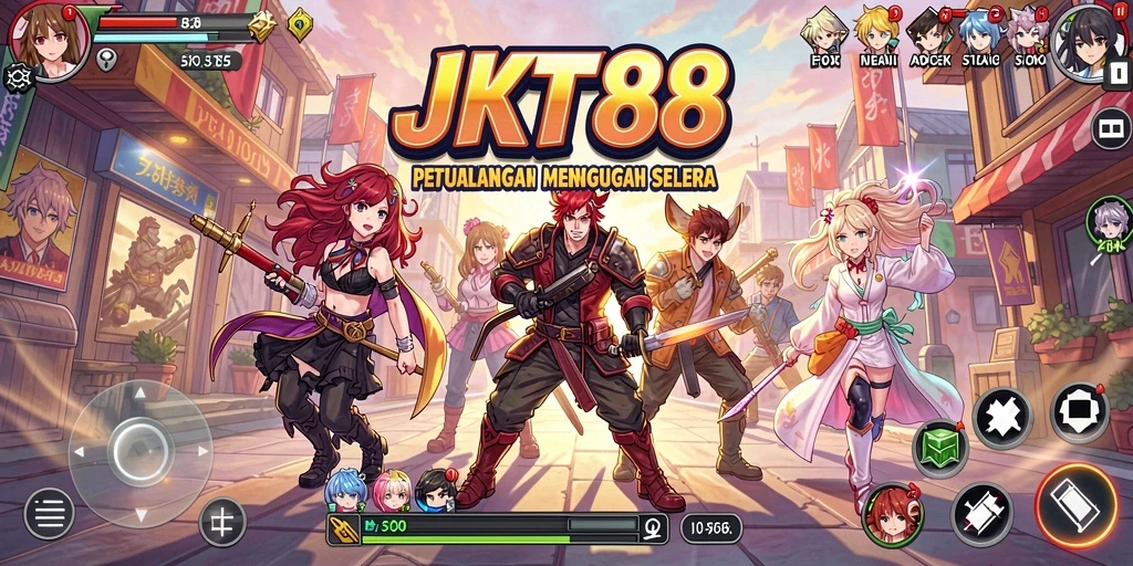 Tampilan gameplay JKT88 dengan karakter anime penuh aksi.