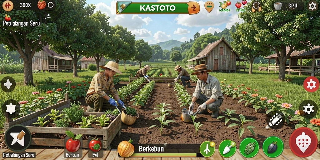 Tampilan gameplay KASTOTO yang menakjubkan dengan aktivitas bertani.