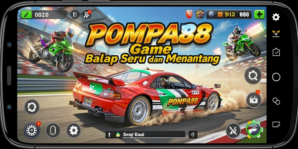 Gameplay menegangkan dalam POMPA88 dengan mobil balap yang cepat.