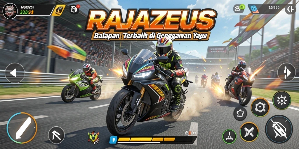 Tampilan gameplay mendebarkan di RAJAZEUS dengan berbagai motor balap.