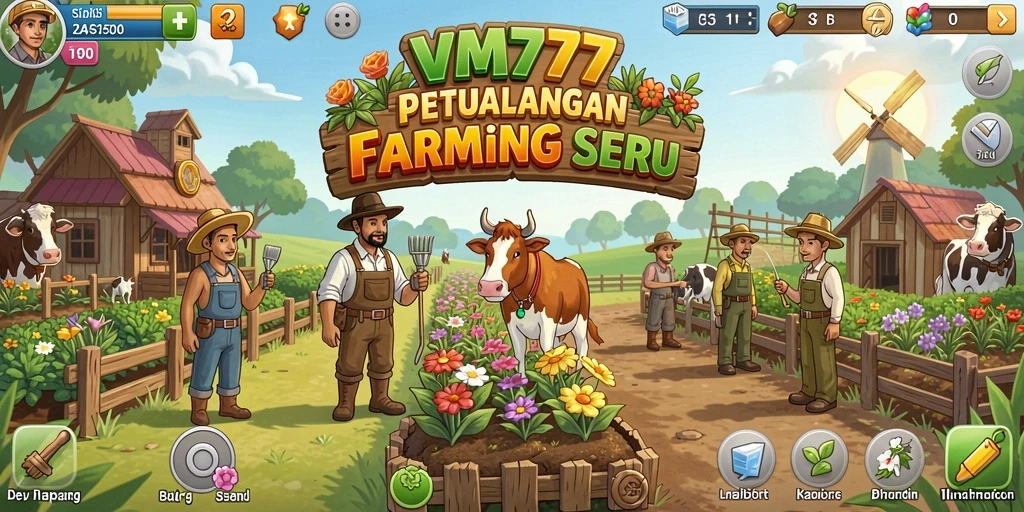 Gameplay VM777 yang menampilkan ladang subur dan aktivitas pertanian.